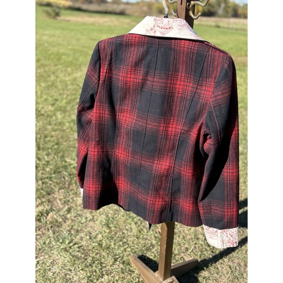 Vintage Wool Blend Plaid Pea Coat Sz Medium Double Breasted Red Black Upcycled - Picture 8 of 14